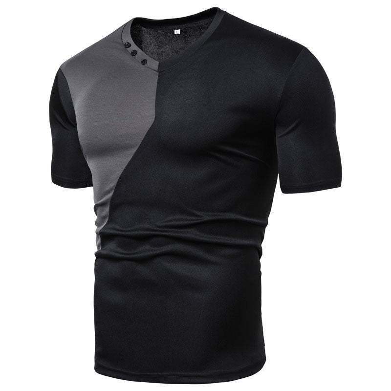 Men's short sleeve black and gray casual T-shirt, polyester slim fit design.