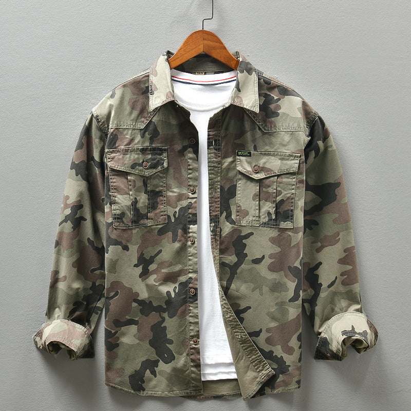 American camouflage workwear shirt, long sleeve, suitable for street fashion, available in khaki, Army Green, and dark gray.