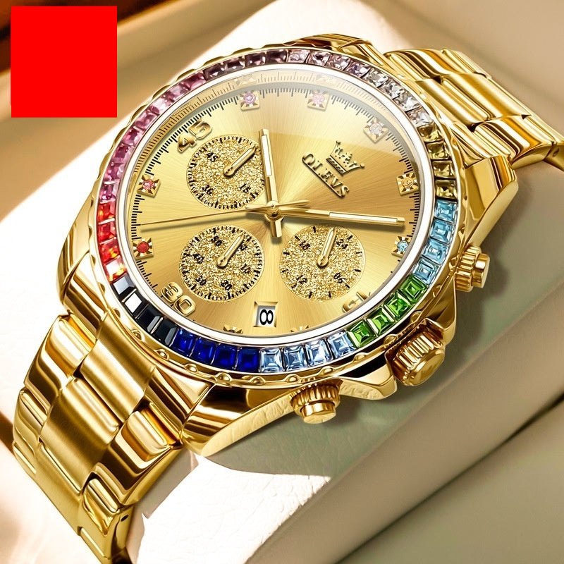 Multi-functional three-eye quartz men's watch with gold stainless steel strap and colorful bezel.