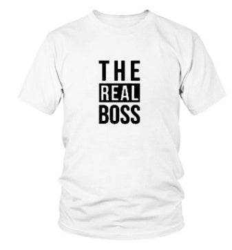 DIY men’s T-shirt with "The Real Boss" print in black, round collar, short sleeves, loose fit.