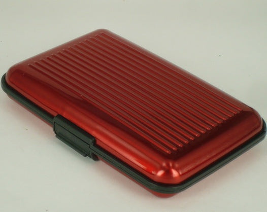 Red aluminum alloy credit card holder with stripe pattern, business card storage.