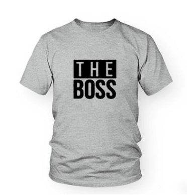 Gray DIY men’s T-shirt with "THE BOSS" print.