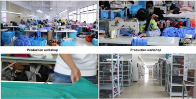 Production workshop for clothing manufacturing showing sewing stations and fabric preparation.