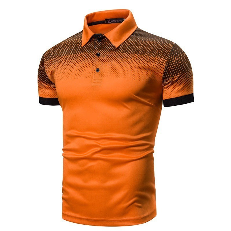 Plus size men's geometric print short-sleeved T-shirt for American men, orange with lapel collar.