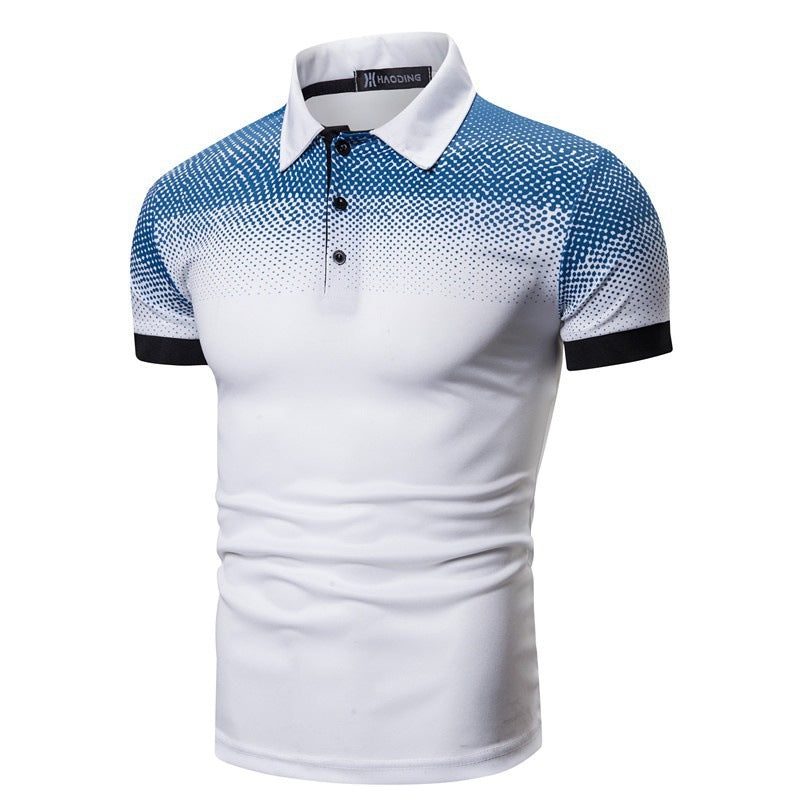 Men's plus size dot pattern short-sleeved t-shirt with lapel collar for American men.