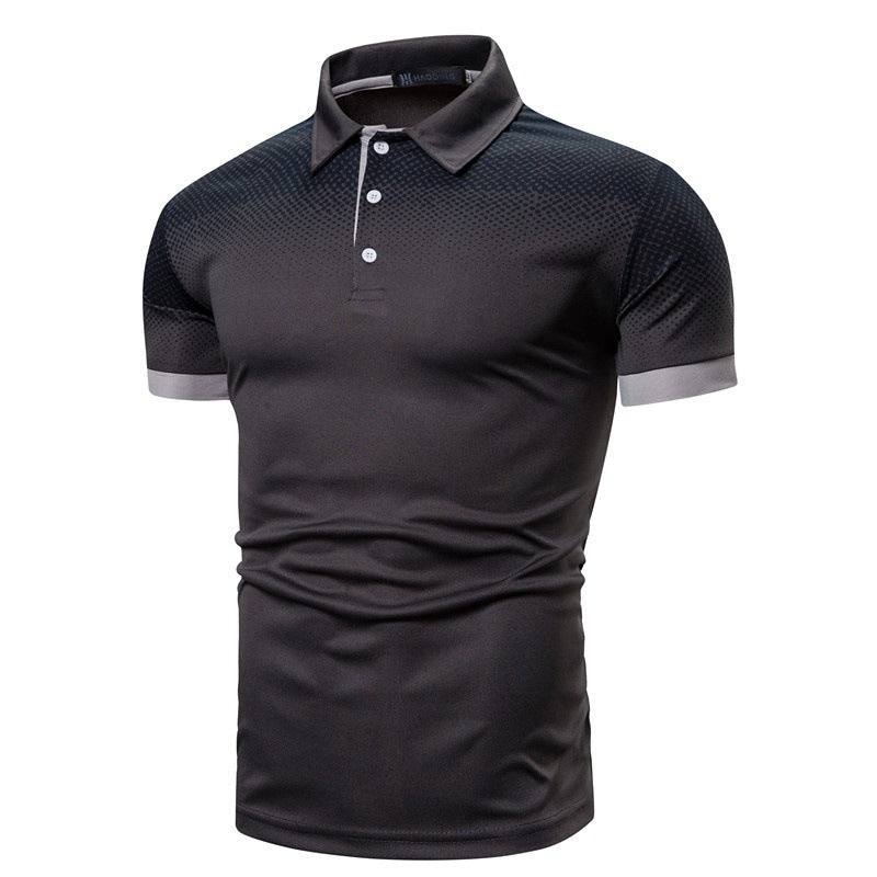 Men's plus size black short-sleeved polo shirt with geometric print and lapel collar.