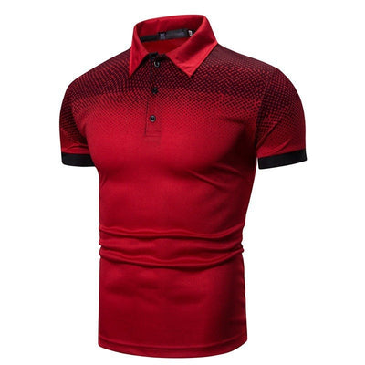 Men's red geometric pattern short-sleeved T-shirt with lapel collar and slim fit design.