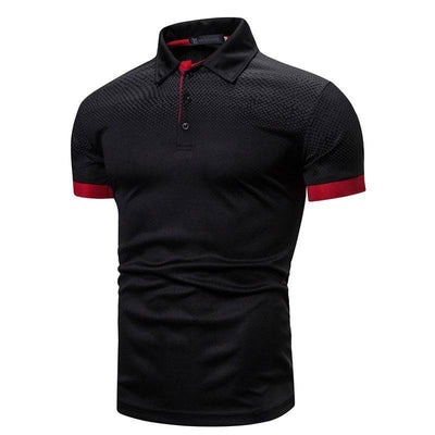 European American men's plus-size short-sleeved T-shirt with a geometric pattern and lapel collar.