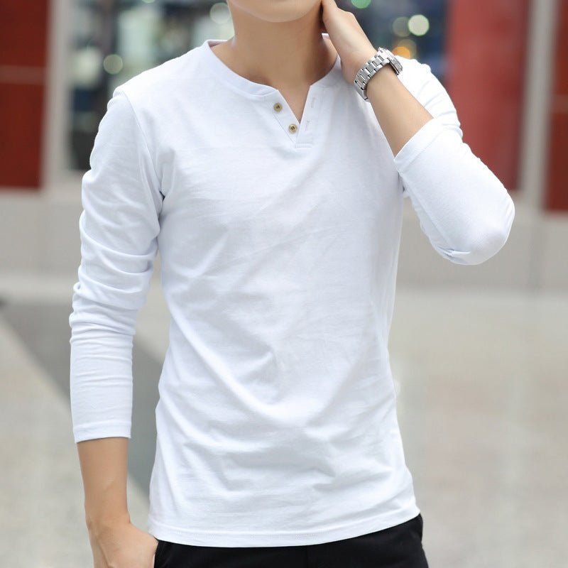 White long sleeve V-neck linen shirt for men with button details.