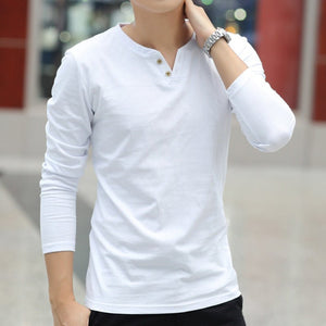 White long sleeve V-neck linen shirt for men with button details.