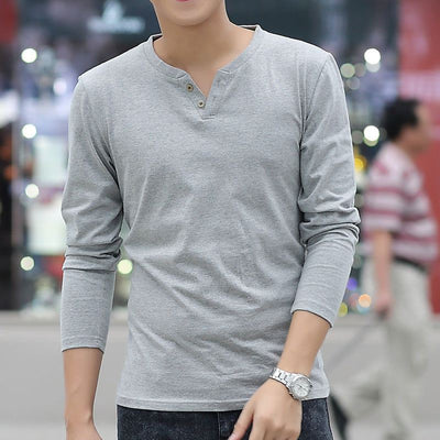 Men's long sleeve linen T-shirt in gray with button decoration, casual slim fit top for autumn.