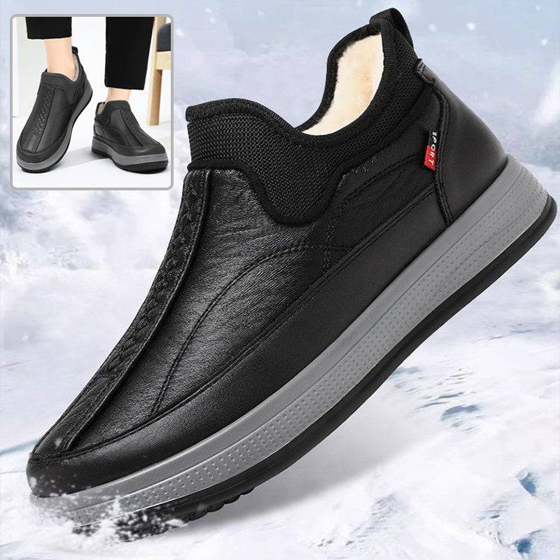 Winter warm fleece snow boots in black, round-toed platform ankle design, non-slip flat sole, synthetic leather.