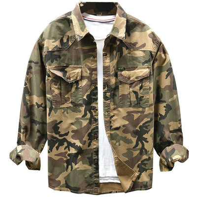 American camouflage workwear shirt in street fashion style, long sleeve, cotton fabric.