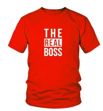 DIY Men T-Shirts with "The Real Boss" print, polyester fiber, round collar, short sleeve design.