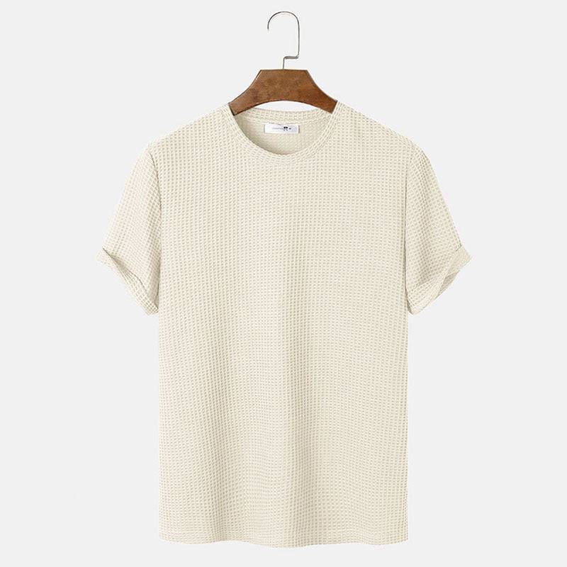 Men's beige summer round neck basic T-shirt on hanger.