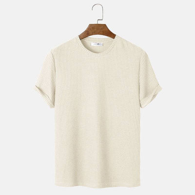 Men's beige summer round neck basic T-shirt on hanger.