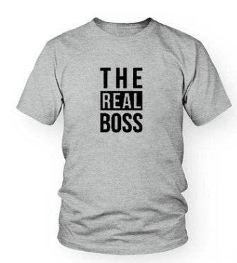 DIY men’s t-shirt with "The Real Boss" print, short sleeves, round collar, polyester fiber material.