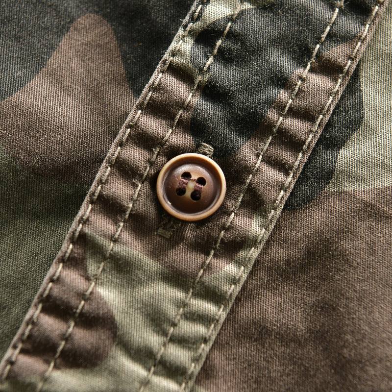 American camouflage workwear shirt with button detail, street fashion.