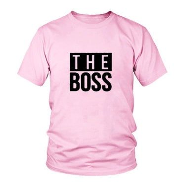 Pink round neck T-shirt with "The Boss" print for men, DIY style.