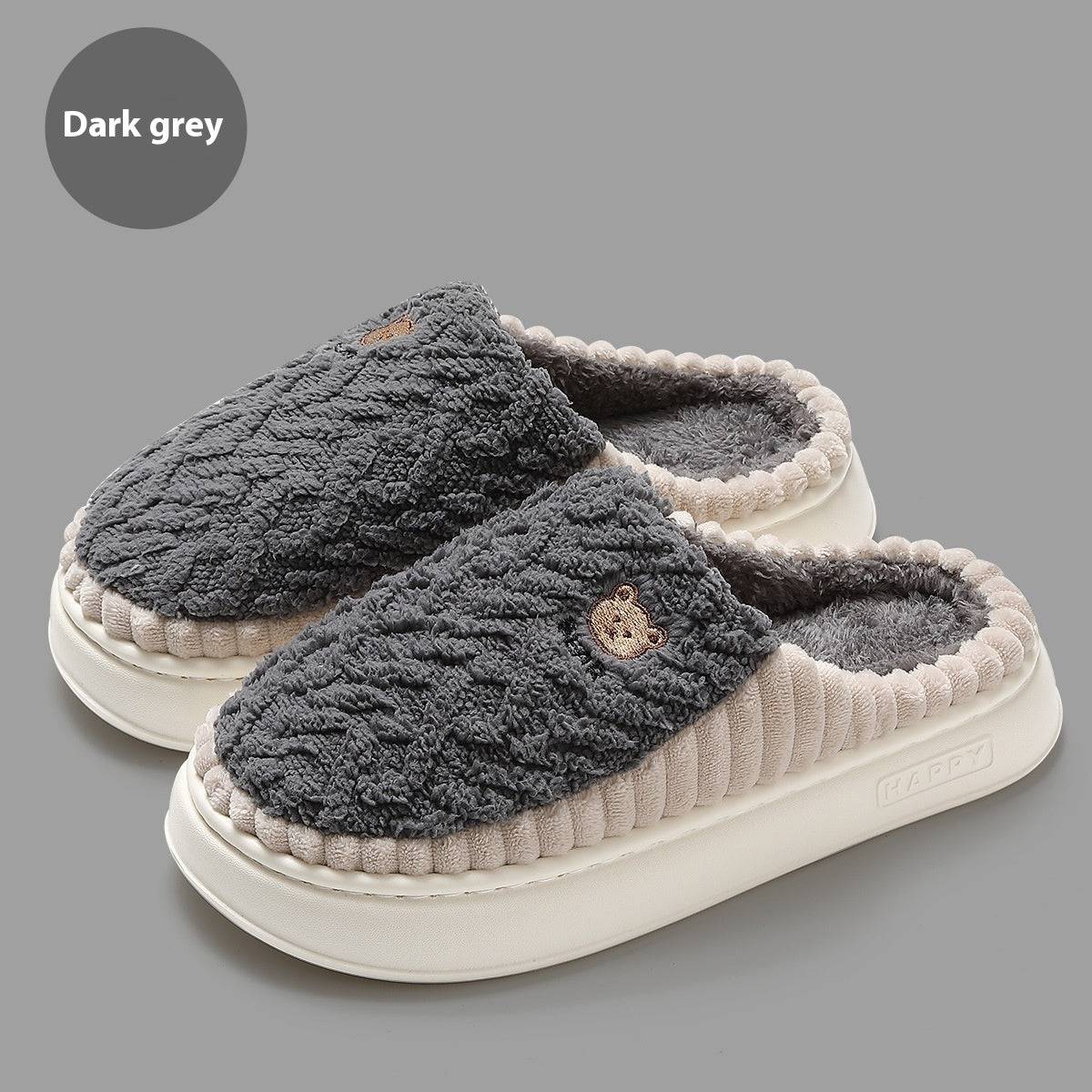 Cute bear plush slippers in dark grey, winter warm fleece for indoor use, non-slip and wear-resistant.