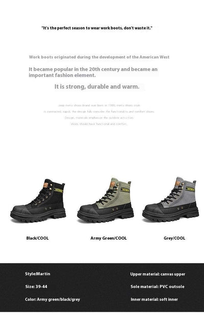 Thick-soled canvas casual sports men's motorcycle boots in black, army green, and gray with lace-up closure, non-slip soles, and PU lining.