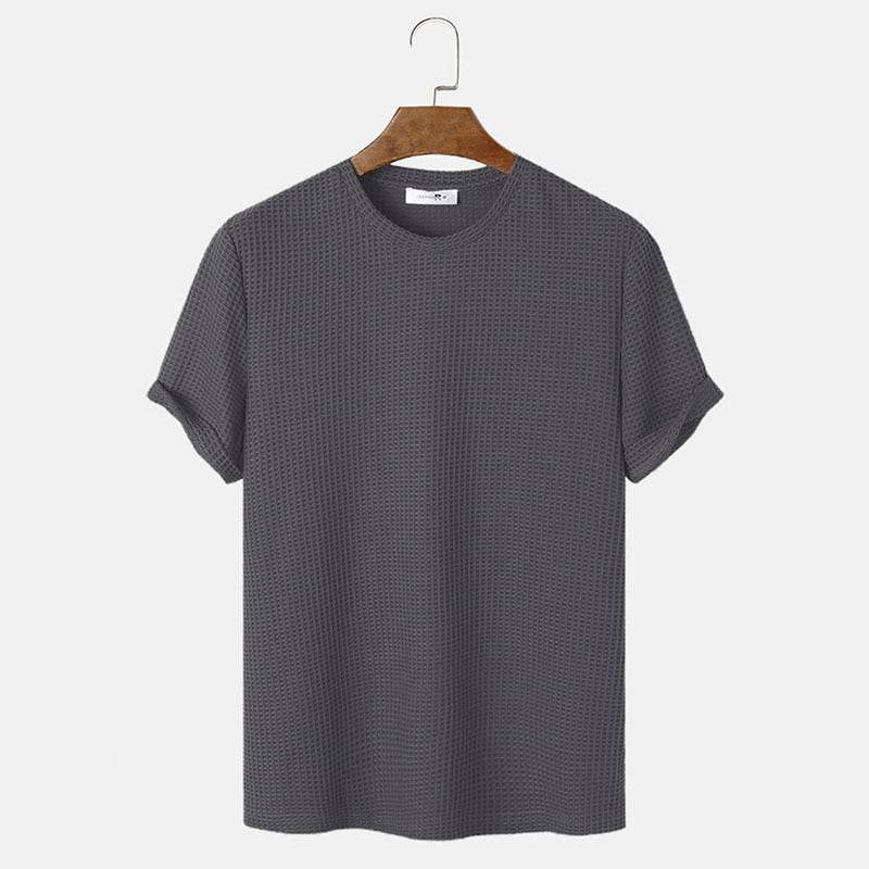 Men's dark grey round neck T-shirt on hanger, slim fit style, short sleeves, summer solid color.