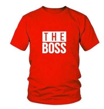 Red DIY men's T-shirt with "The Boss" print, short sleeves, round collar.