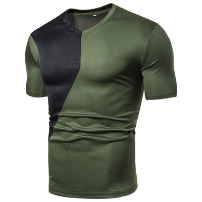 Men's casual short sleeve polyester tee in army green and black, slim fit.