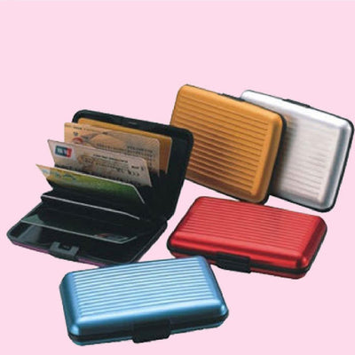 Aluminum Alloy Credit Card Bag Business Card Holder Card in multiple colors, showing interior compartments.