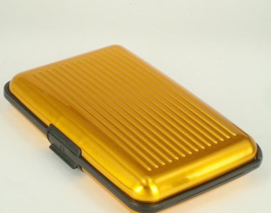 Aluminum alloy credit card holder with stripes in gold, anti-theft design, suitable for business use.