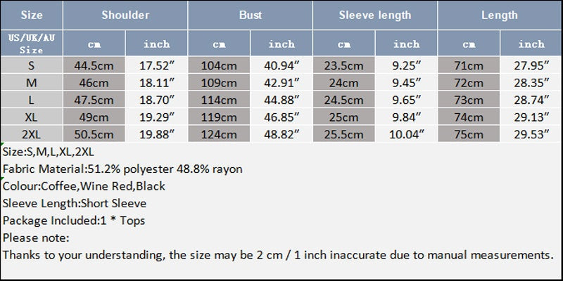 Men's summer solid color round neck basic T-shirt size chart with measurements.