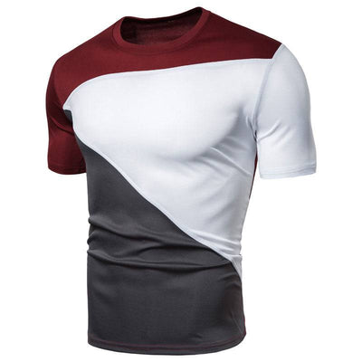 Men's short sleeve casual tee in wine red, white, and gray color block design.