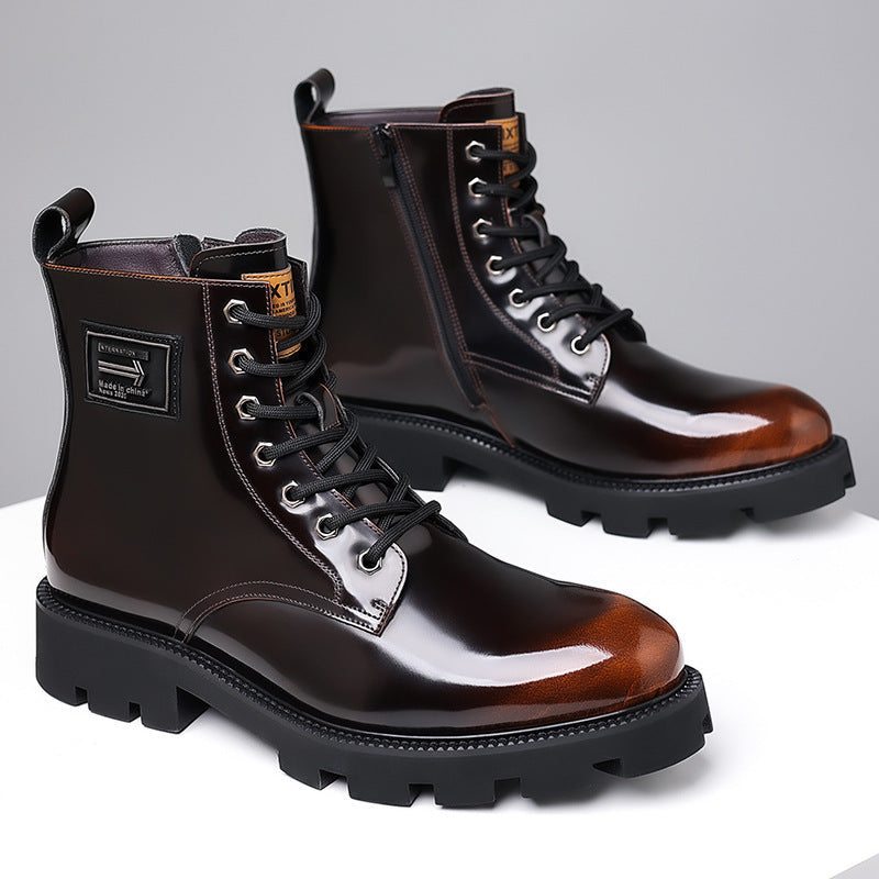 Men's high-top leather workwear boots in reddish-brown with chunky heel, breathable design.