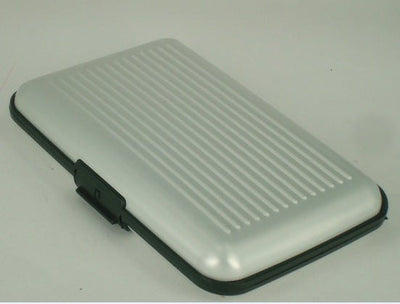 Aluminum alloy striped credit card holder in silver color.