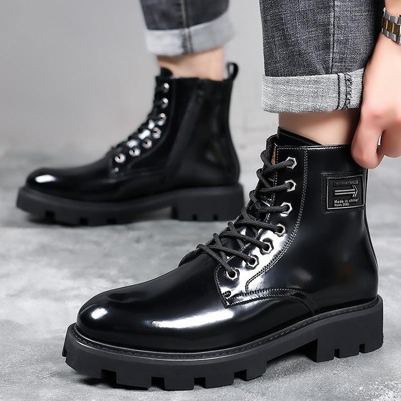 Men's black high-top leather boots with chunky heel and lace-up front.