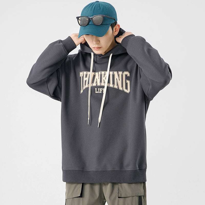 Men's fashion casual loose jacket pullover in dark gray with "THINKING LIFE" text.