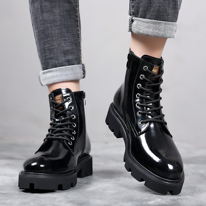 Men's high-top soft leather boots with breathable design and chunky heel in black.