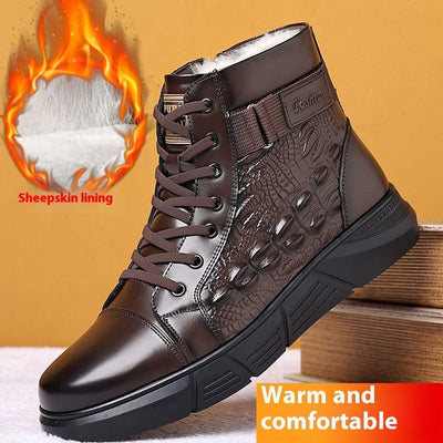 Fur Integrated Warm Snow Cotton Boots, brown with velvet, genuine leather, rubber sole, front lace-up, non-slip, warm.