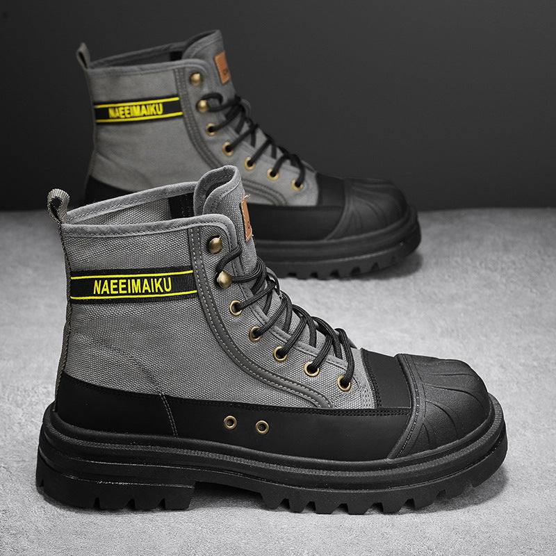 Thick-soled canvas casual sports men's motorcycle boots in black and grey with front lace-up design.