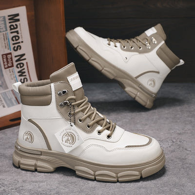 Men's casual trend high top British style Martin boots in white and gray with flat heel and lace-up design.