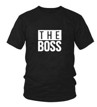 Black DIY men's T-shirt with "THE BOSS" print, round collar, short sleeves.