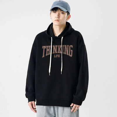 Men's fashion casual loose black jacket pullover with "Thinking Life" text design, polyester fiber.