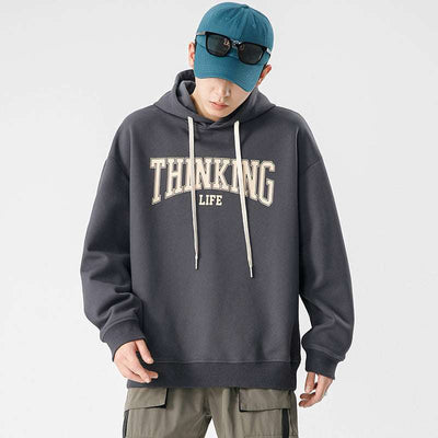 Men's fashion casual loose jacket pullover in dark gray, hooded design, polyester fabric.