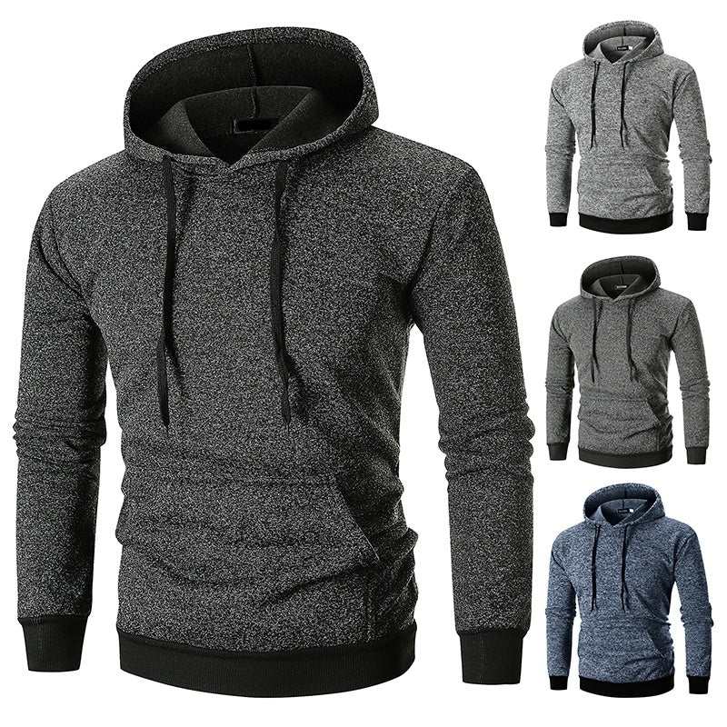 Men's large pocket pullover hooded solid color coat sweatshirt in cotton blend, available in black, blue, and gray, sizes M-2XL.