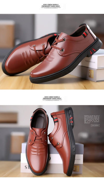 Soft brown leather casual round toe shoes with black rubber soles, front lace-up design, and low wedge heel.