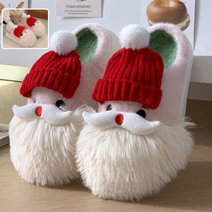 Cute Christmas Santa Claus warm plush home slippers for women, non-slip indoor shoes.