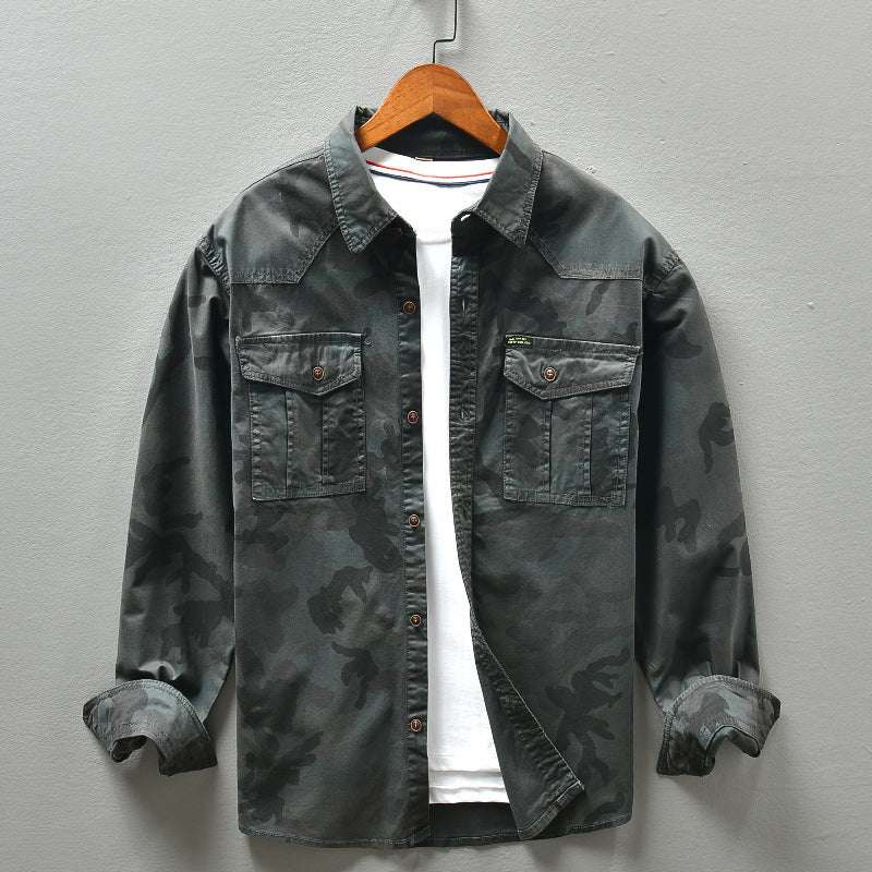 American camouflage workwear shirt in dark gray with long sleeves, suitable for street fashion.