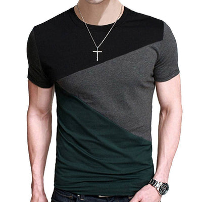 Men's casual short sleeve tee shirt in black, gray, and green color blocks.