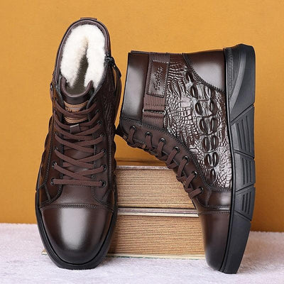 Fur Integrated Warm Snow Cotton Boots in brown with velvet, lace-up design, rubber sole, genuine leather upper.