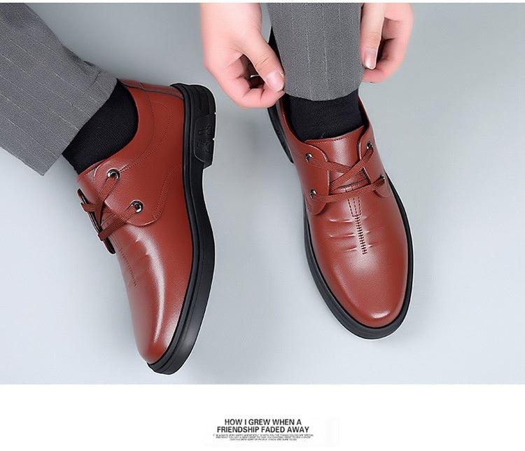 Soft leather casual round toe leather shoes in brown with low wedge heel and lace-up design.